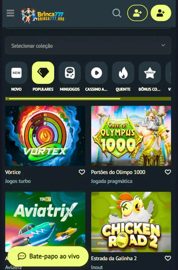Tela do app Brinca777 cassino em smartphone.