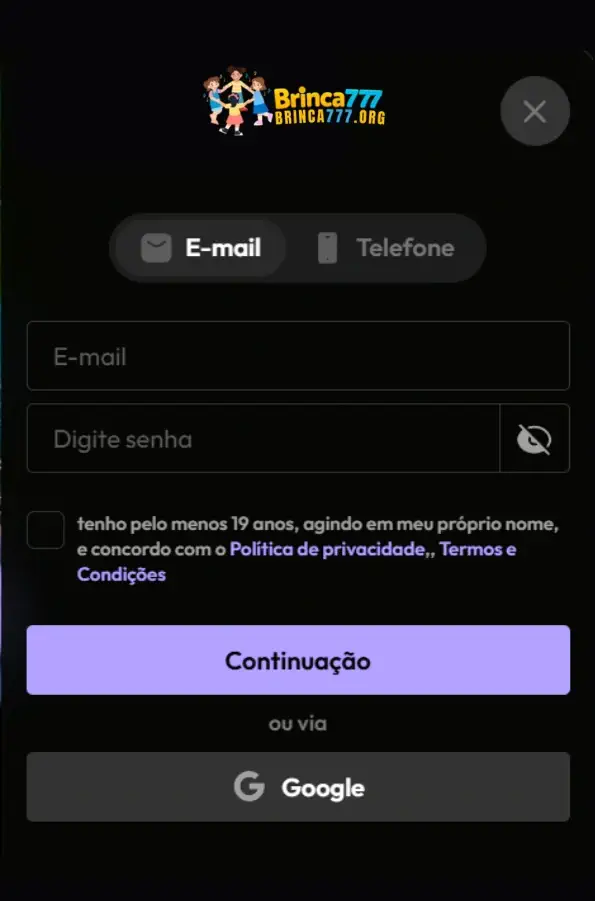 Tela de registro do Brinca777 cassino.